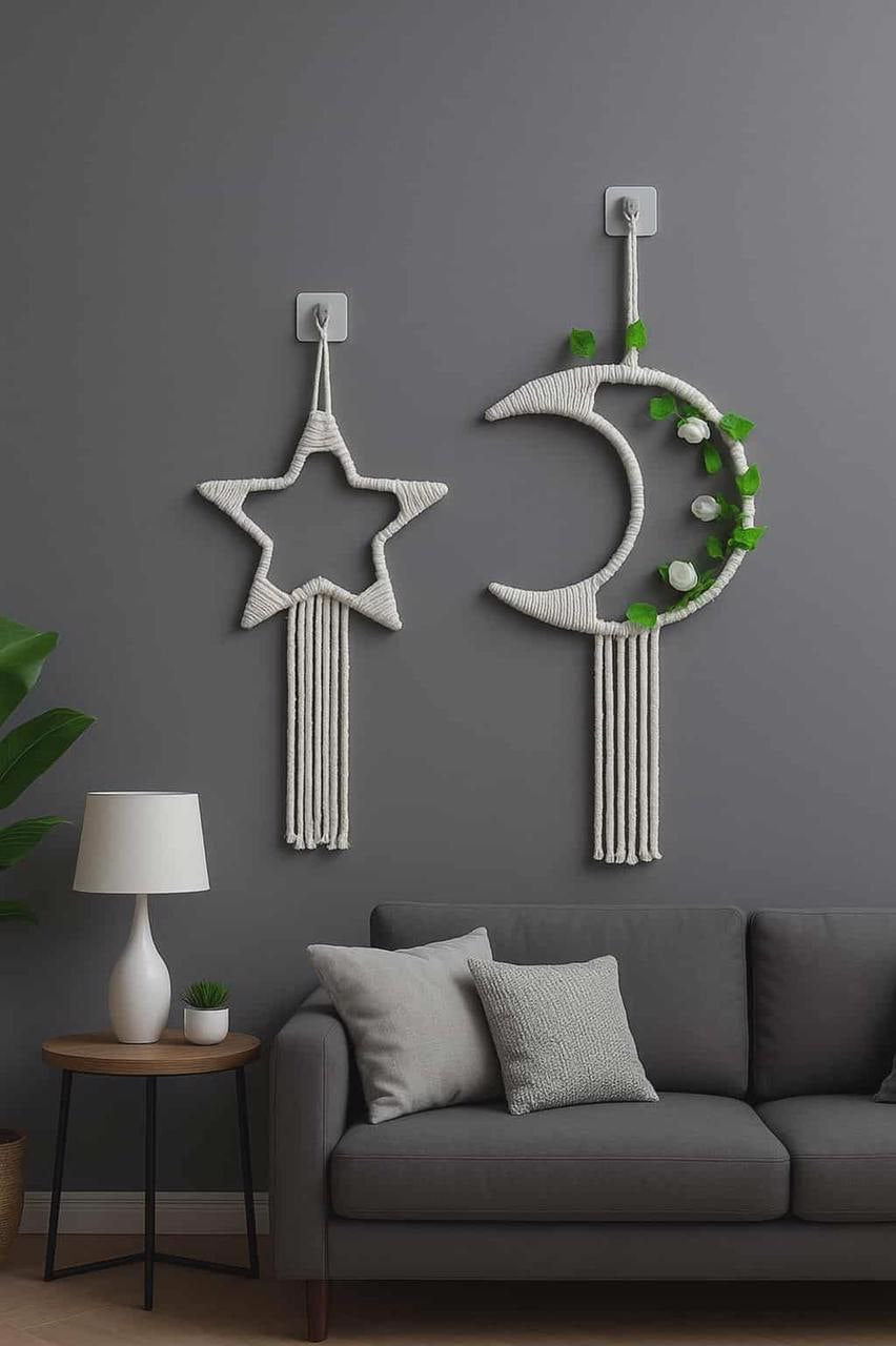 Macramé Crescent & Star Decor Set with Warm LED Lights + Free Gift