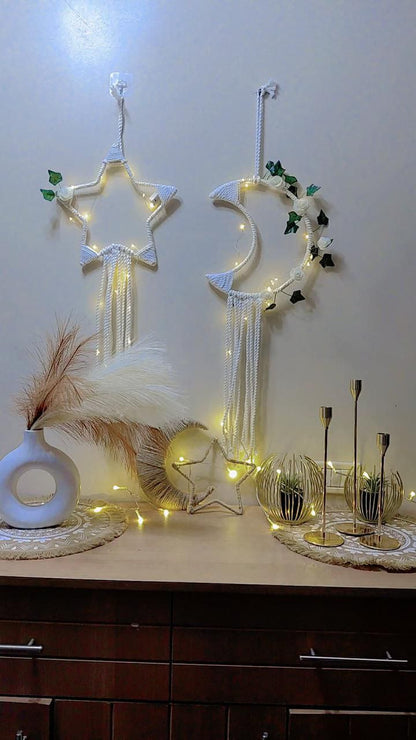 Macramé Crescent & Star Decor Set with Warm LED Lights + Free Gift