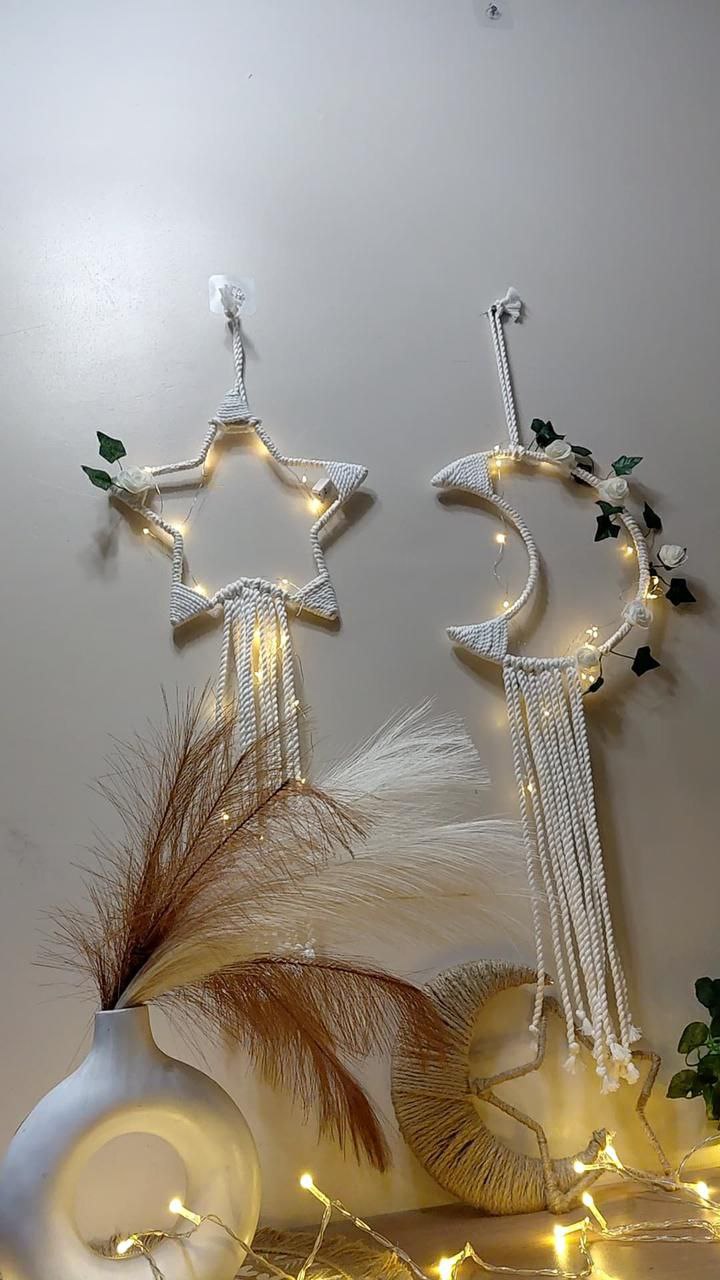Macramé Crescent & Star Decor Set with Warm LED Lights + Free Gift