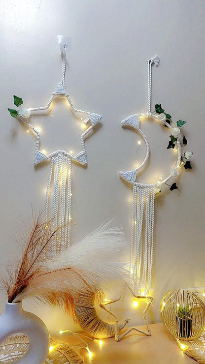 Macramé Crescent & Star Decor Set with Warm LED Lights + Free Gift