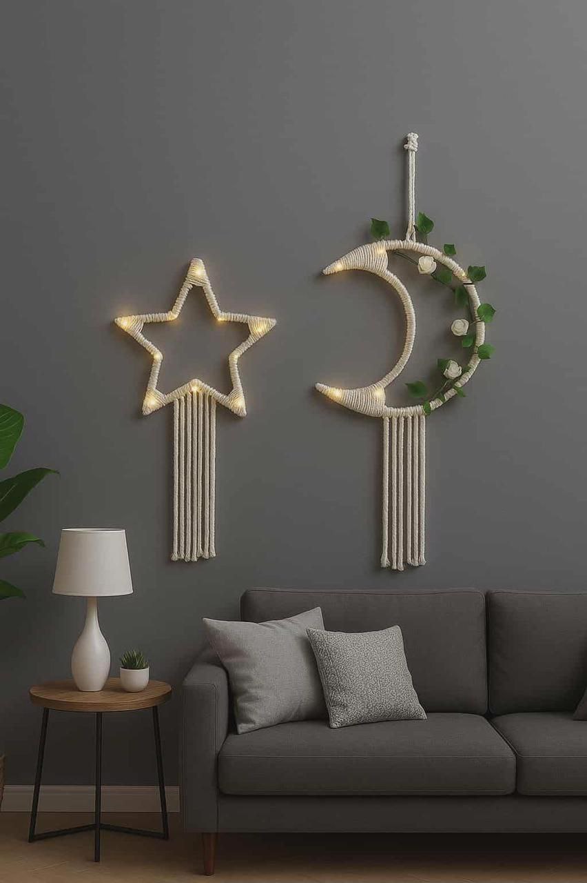 Macramé Crescent & Star Decor Set with Warm LED Lights + Free Gift