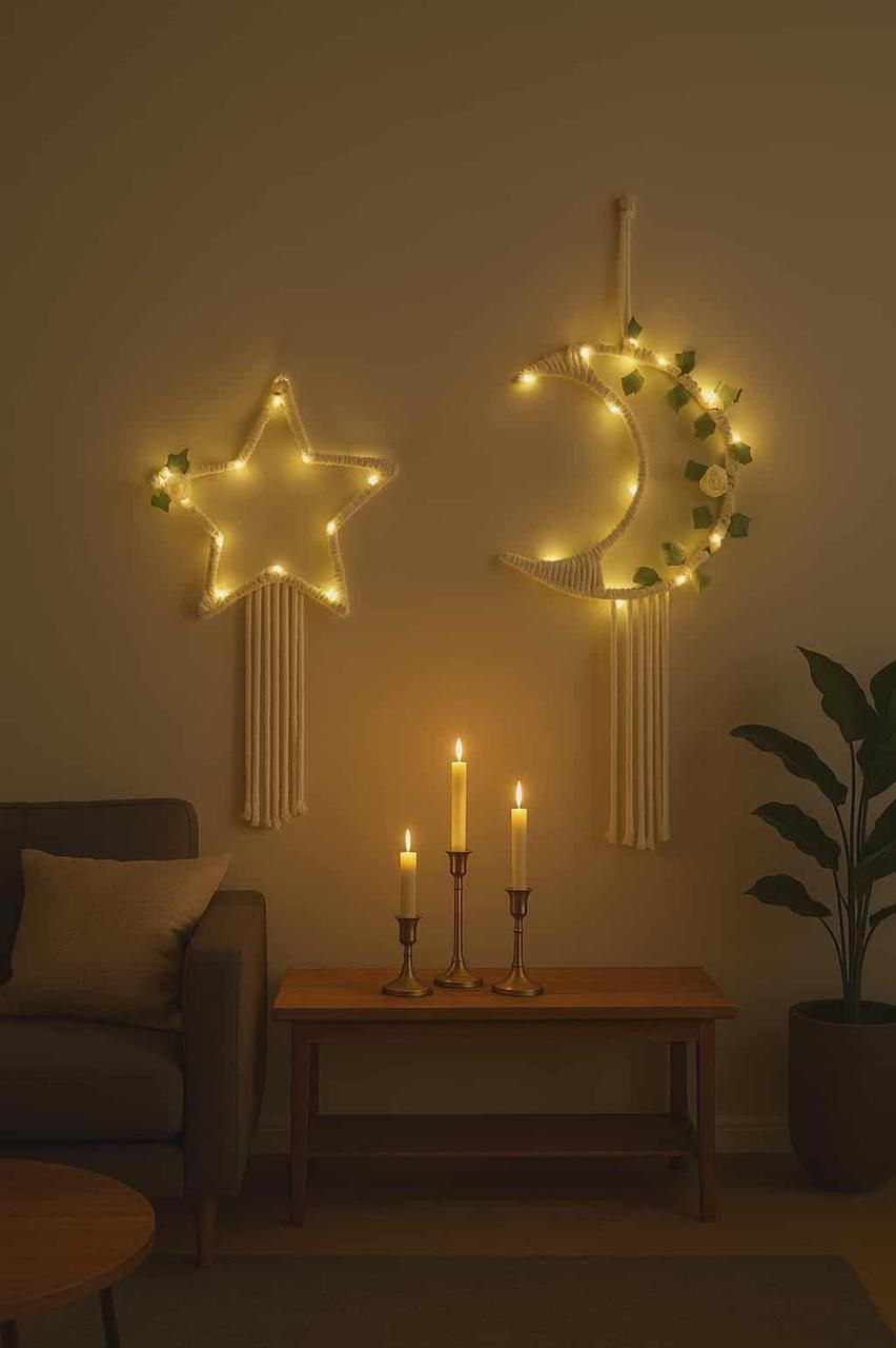 Macramé Crescent & Star Decor Set with Warm LED Lights + Free Gift