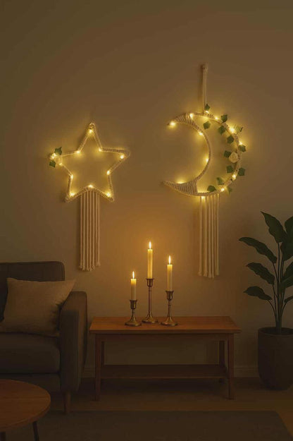 Macramé Crescent & Star Decor Set with Warm LED Lights + Free Gift