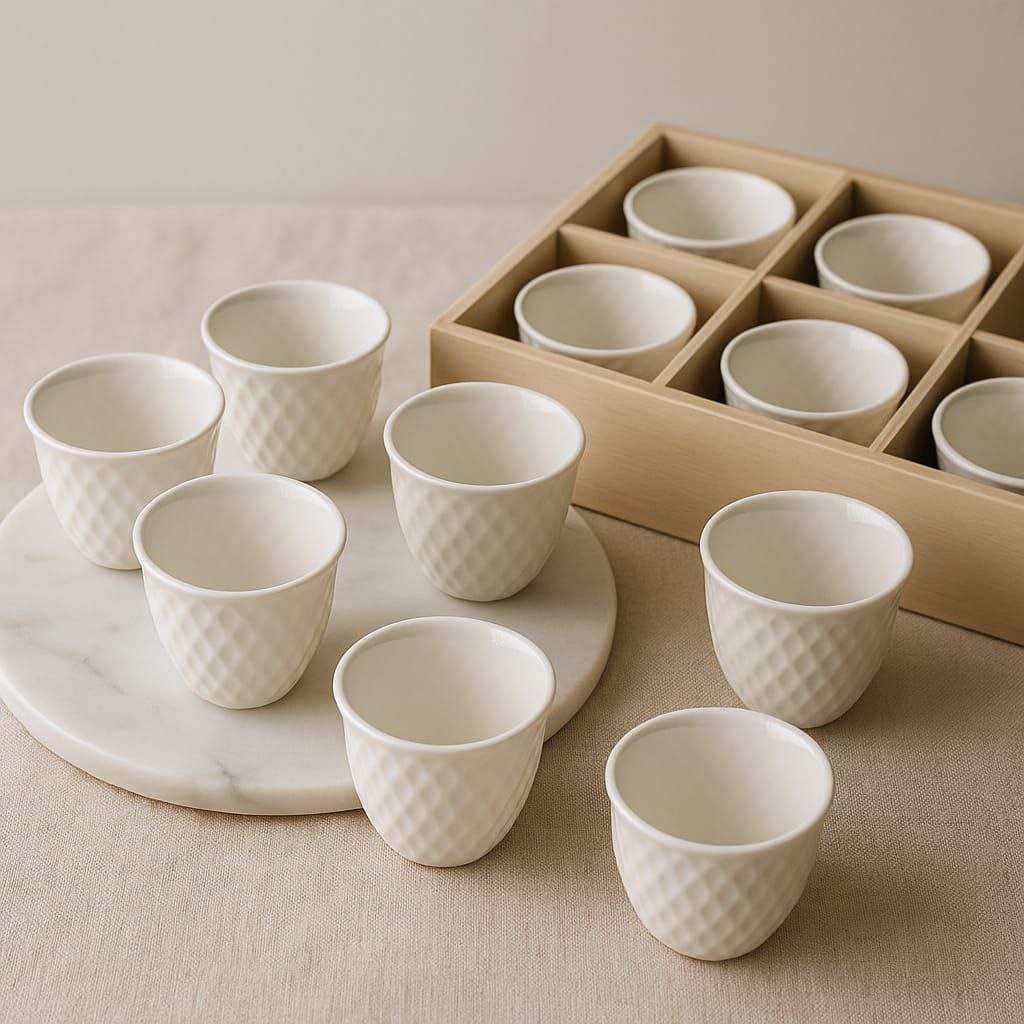 Arabic Coffee Cups Set – Embossed Ceramic, 12 Pieces