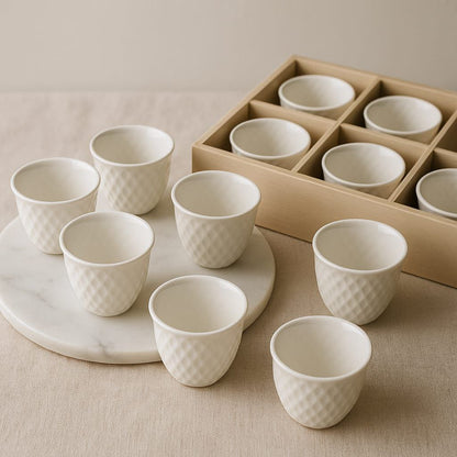 Arabic Coffee Cups Set – Embossed Ceramic, 12 Pieces