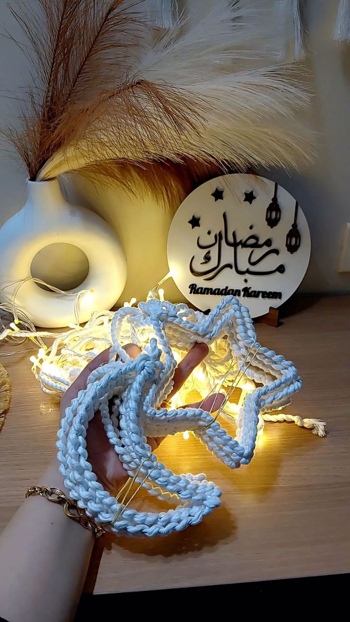 Ramadan Macramé Crescent & Star Garland with Warm Lights