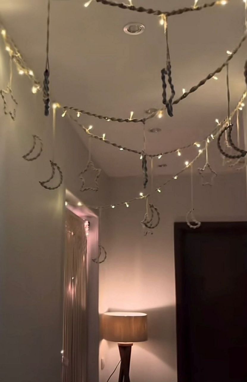 Ramadan Macramé Crescent & Star Garland with Warm Lights