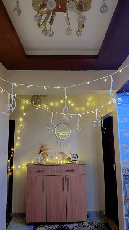 Ramadan Macramé Crescent & Star Garland with Warm Lights
