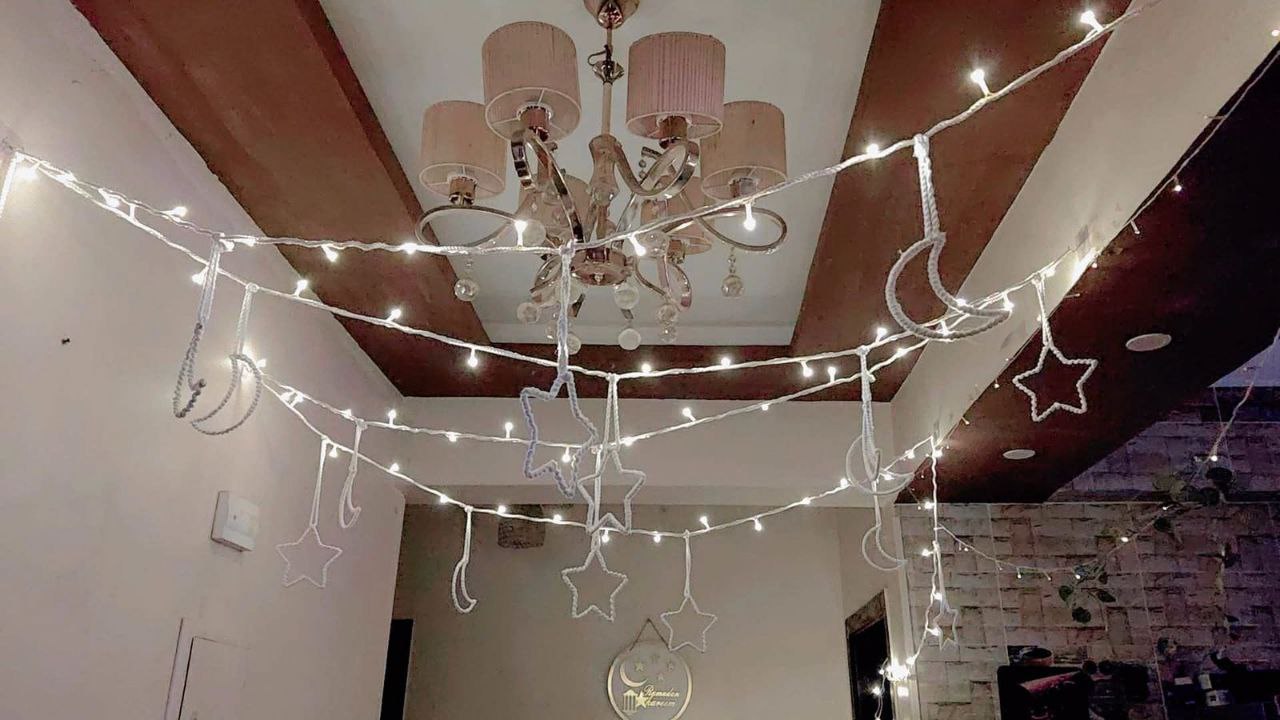 Ramadan Macramé Crescent & Star Garland with Warm Lights