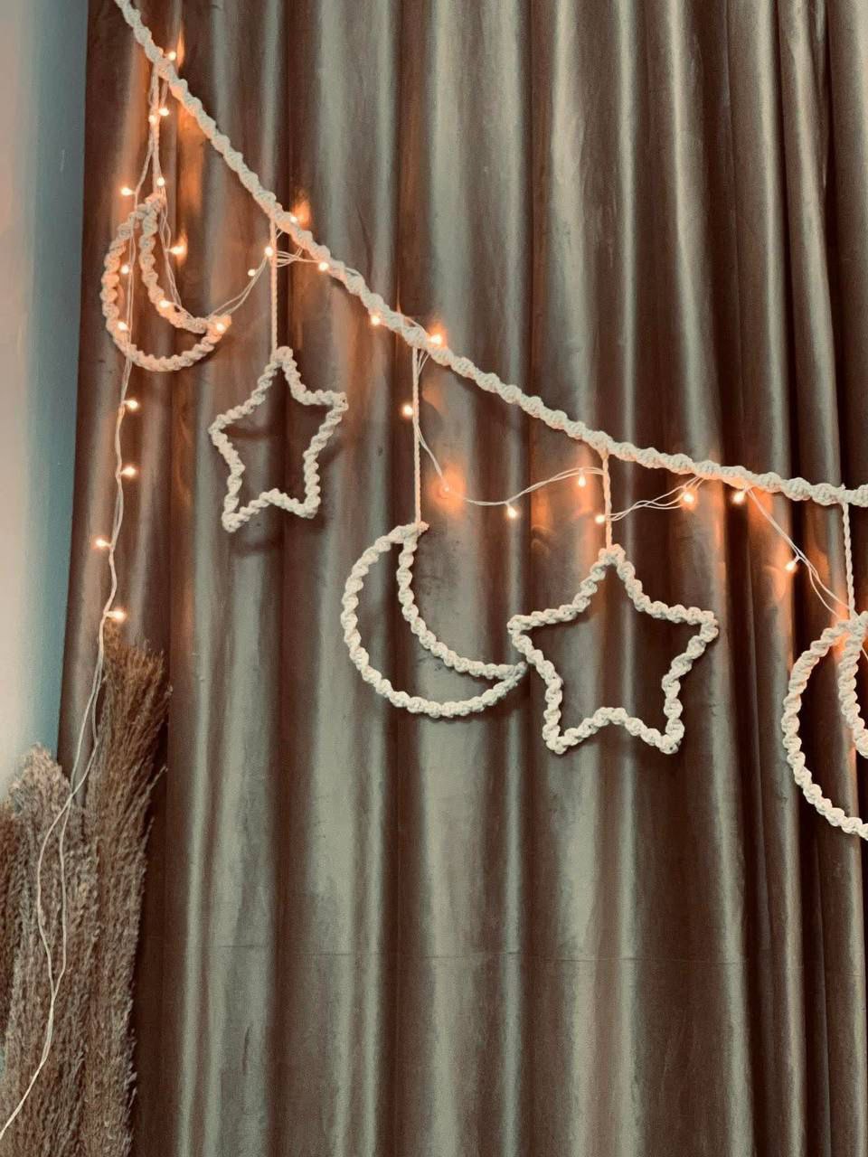 Ramadan Macramé Crescent & Star Garland with Warm Lights