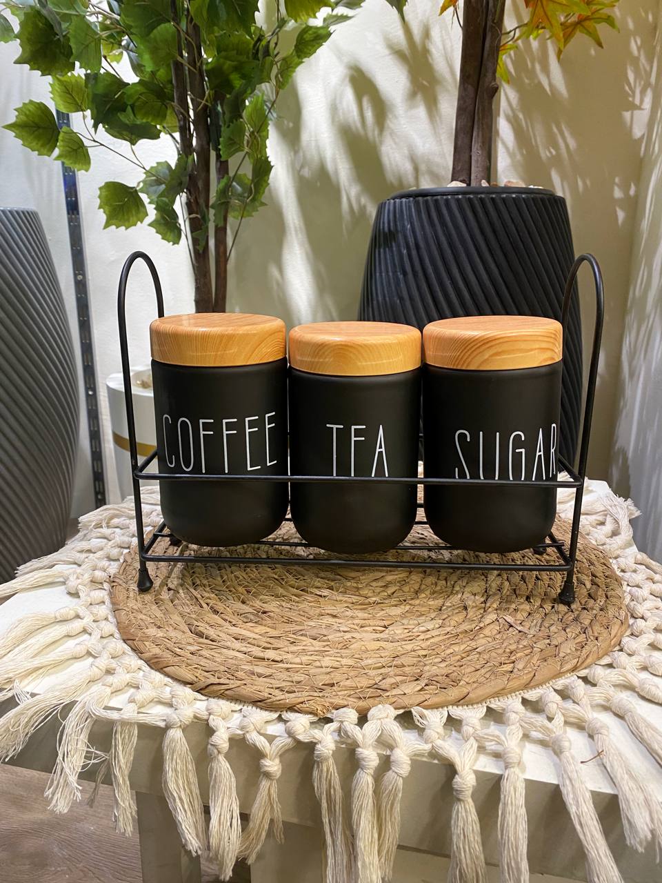 Elegant Glass Coffee Jar Set with Metal Stand – 3 Pieces