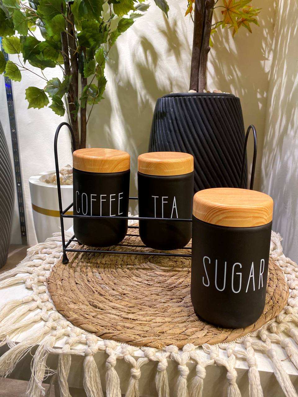 Elegant Glass Coffee Jar Set with Metal Stand – 3 Pieces