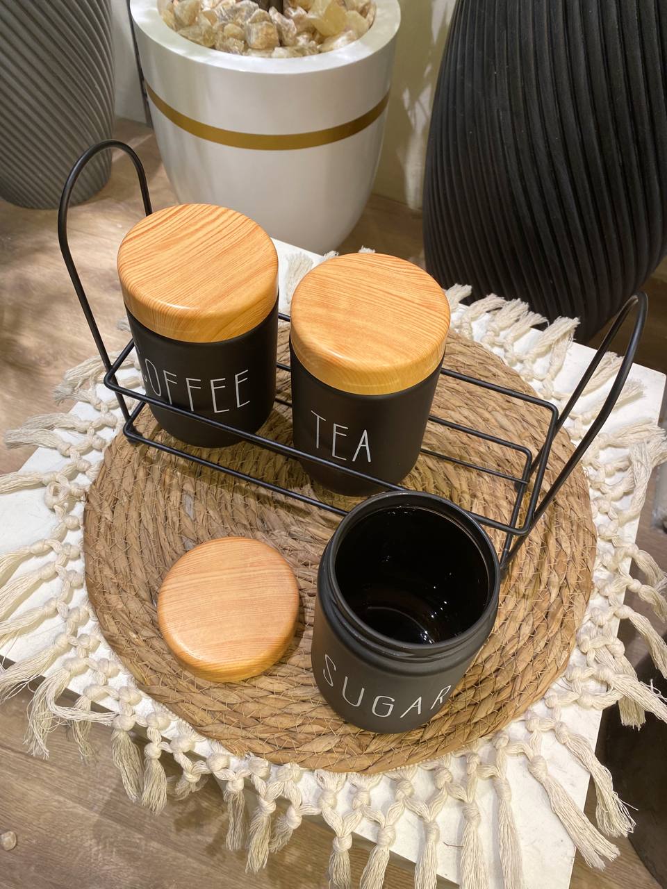 Elegant Glass Coffee Jar Set with Metal Stand – 3 Pieces