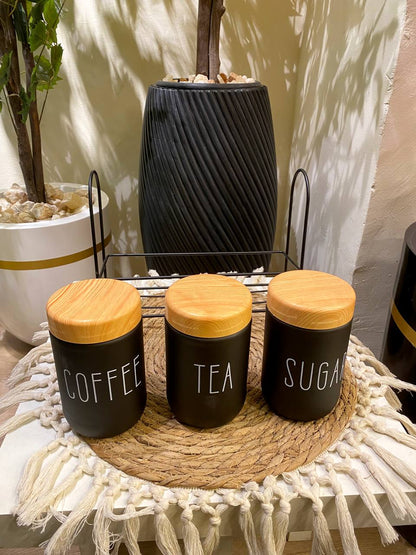 Elegant Glass Coffee Jar Set with Metal Stand – 3 Pieces