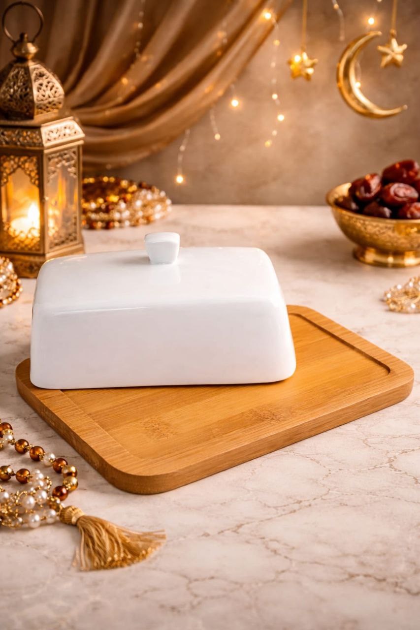 Natural Bamboo Serving Tray with Porcelain Lid