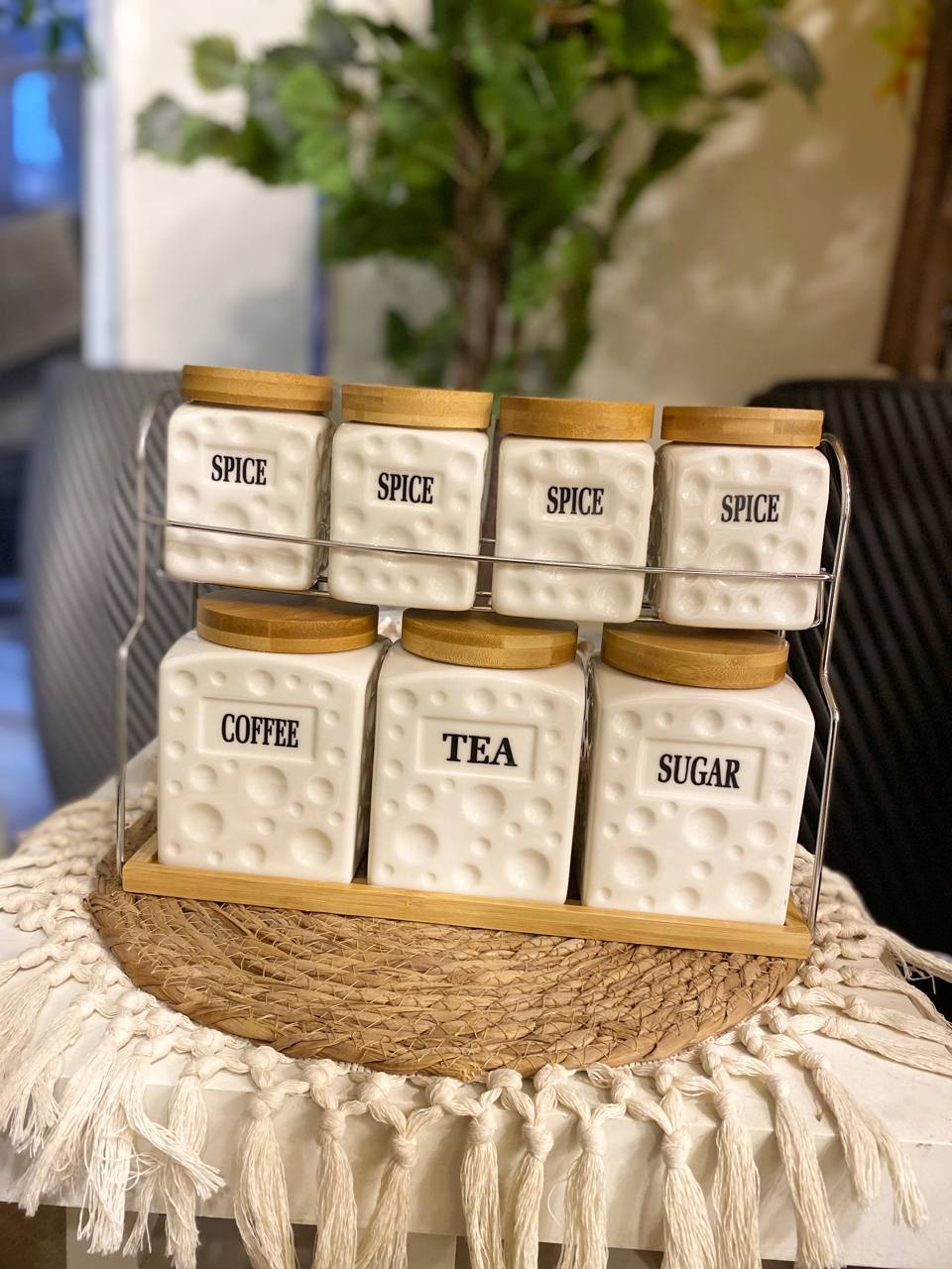 Pure Porcelain Spice Jar Set with Wooden Lids & Stainless Steel Stand – 7 Pieces