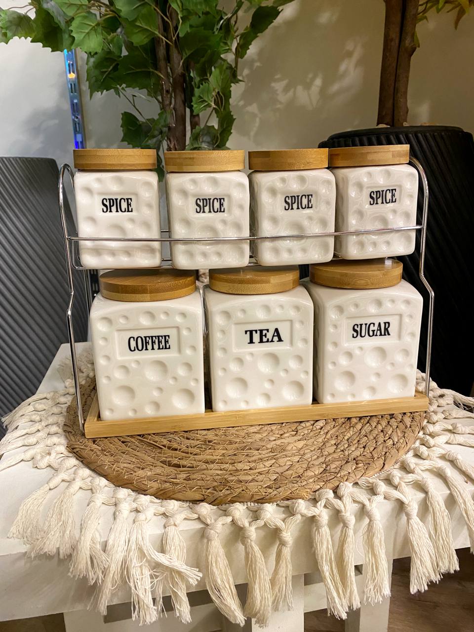 Pure Porcelain Spice Jar Set with Wooden Lids & Stainless Steel Stand – 7 Pieces