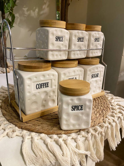 Pure Porcelain Spice Jar Set with Wooden Lids & Stainless Steel Stand – 7 Pieces
