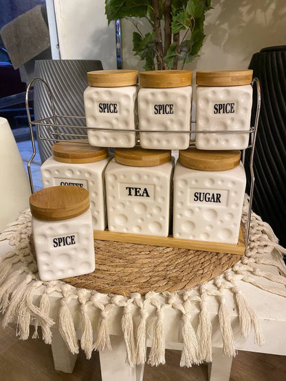 Pure Porcelain Spice Jar Set with Wooden Lids & Stainless Steel Stand – 7 Pieces