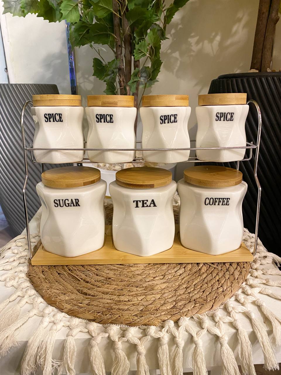 Pure Porcelain Spice Jar Set with Wooden Lids & Stainless Steel Stand – 7 Pieces