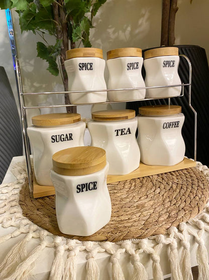 Pure Porcelain Spice Jar Set with Wooden Lids & Stainless Steel Stand – 7 Pieces