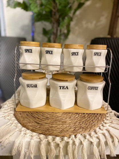 Pure Porcelain Spice Jar Set with Wooden Lids & Stainless Steel Stand – 7 Pieces