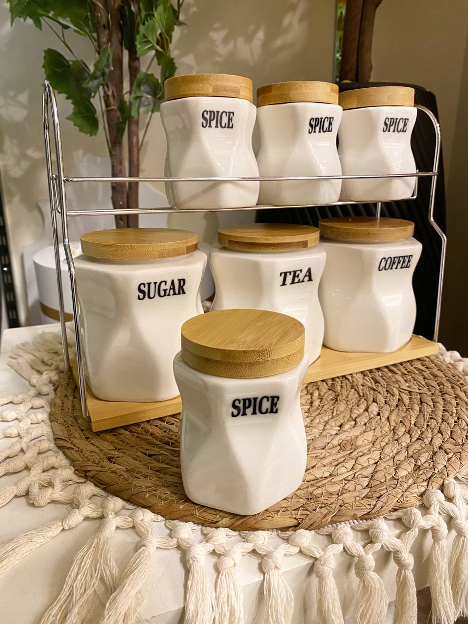 Pure Porcelain Spice Jar Set with Wooden Lids & Stainless Steel Stand – 7 Pieces