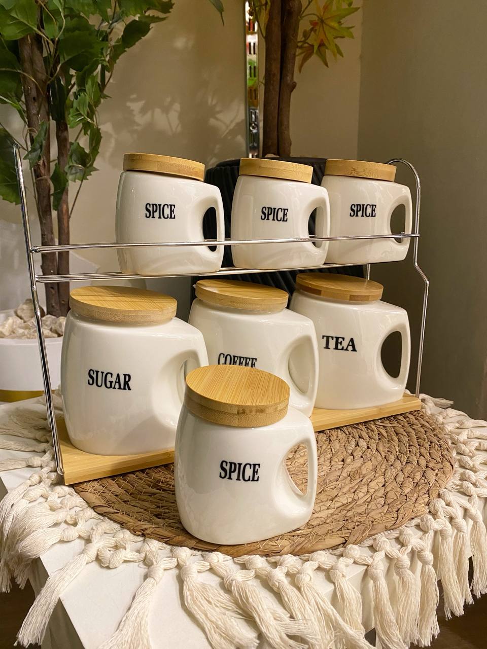 Pure Porcelain Spice Jar Set with Wooden Lids & Stainless Steel Stand – 7 Pieces