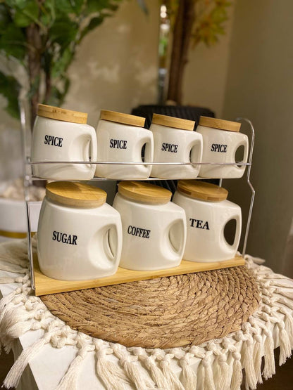 Pure Porcelain Spice Jar Set with Wooden Lids & Stainless Steel Stand – 7 Pieces
