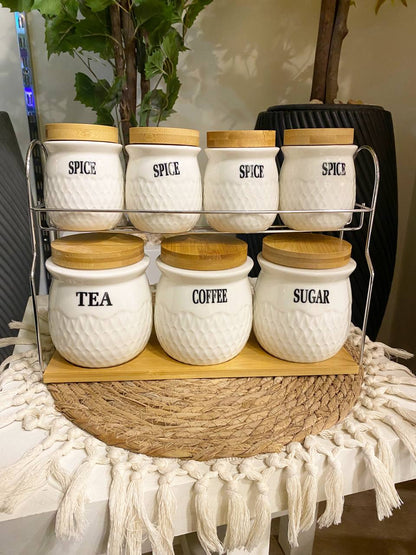 Pure Porcelain Spice Jar Set with Wooden Lids & Stainless Steel Stand – 7 Pieces