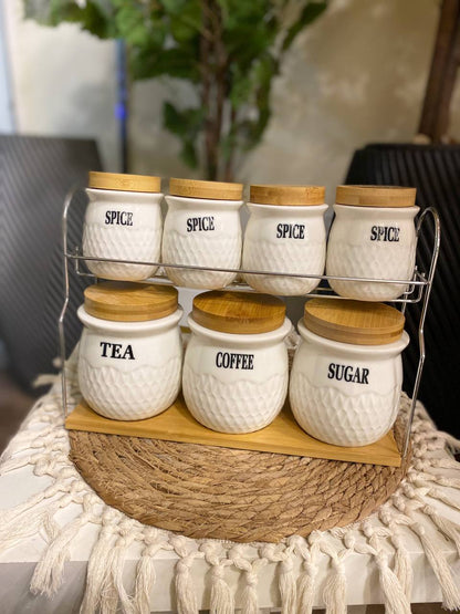 Pure Porcelain Spice Jar Set with Wooden Lids & Stainless Steel Stand – 7 Pieces